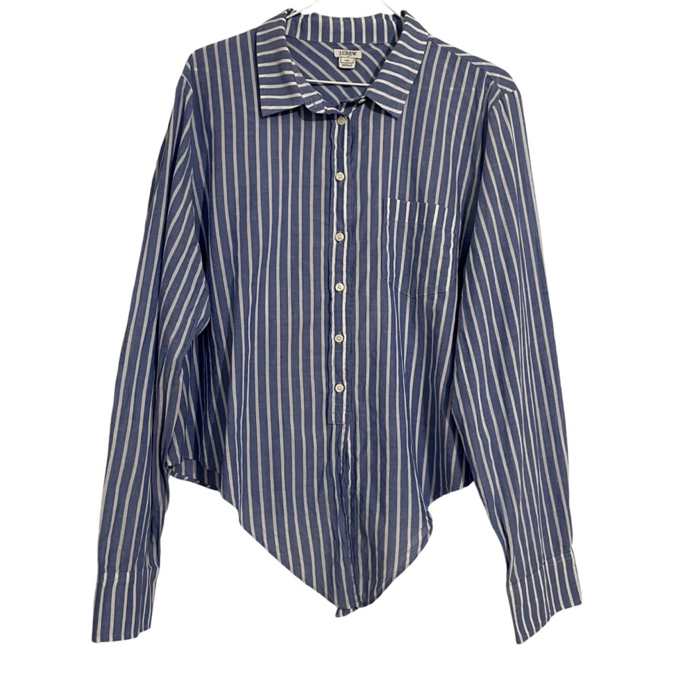 J Crew XXL Button Down Long Sleeve Shirt with Tie-Up Front Blue and White Stripe